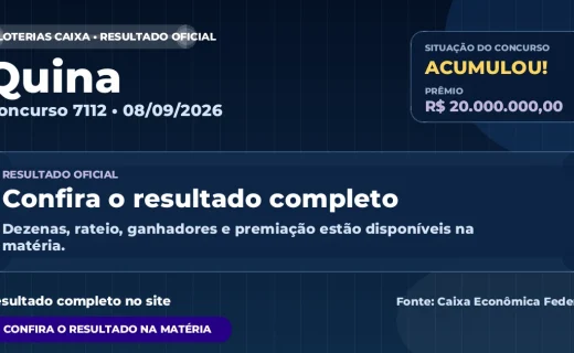 Saiu o resultado da Quina de hoje: prêmio estimado em R$ 20 milhões