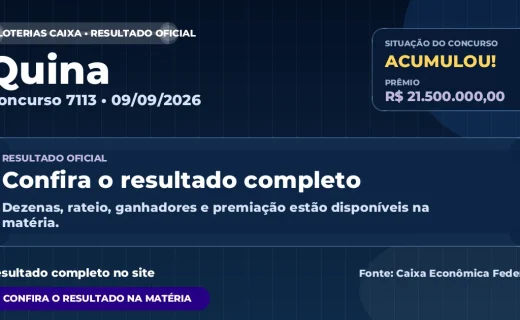 Resultado da Quina de hoje: prêmio acumula em R$ 21,5 milhões